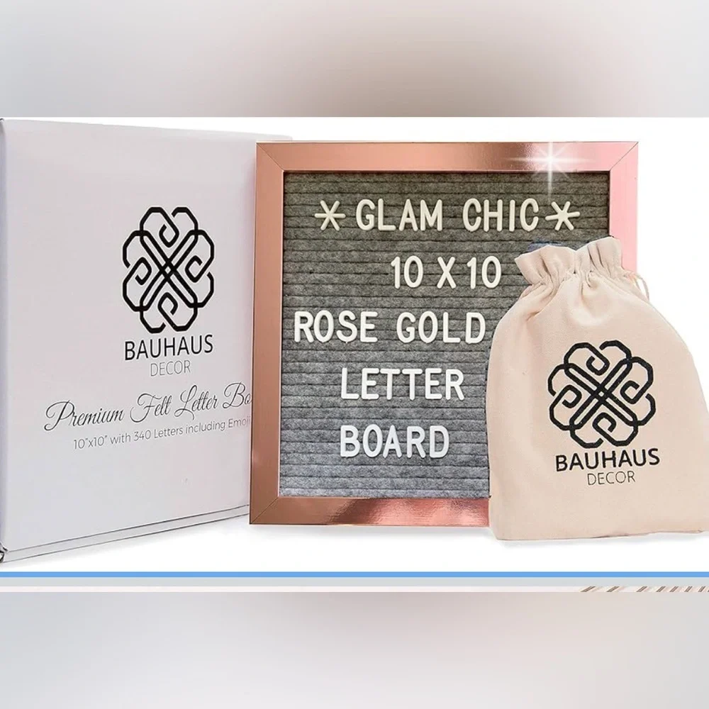 Bauhaus Decor 10x10 Felt Letter Board Rose Gold Frame w/ Letters & Emojis